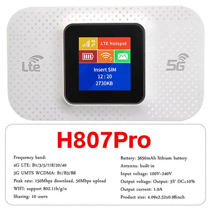 H807Pro H5577R 4G LTE Router Wireless Internet WiFi Router 150Mbps Hotspot Portable WiFi Device Plug Play Pocket Mobile Hotspot