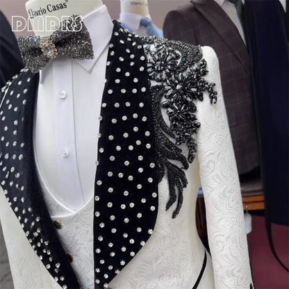 Luxury Paisley Men's Beading Suit Set, 3-piece Formal Suit Set Jacket Vest Pants Black White Rhinestones Tuxedo Set