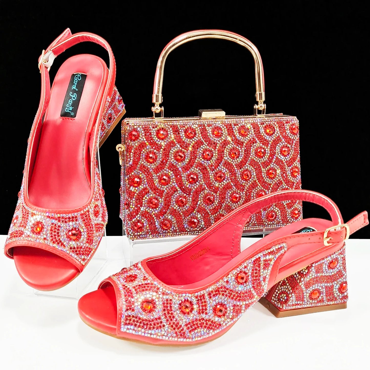 QSGFC 2024 Rhinestone Design INS Hot Sale New Arrivals African Shoes and Bag Set in Green Color Open Toe Comfortable Women Heels