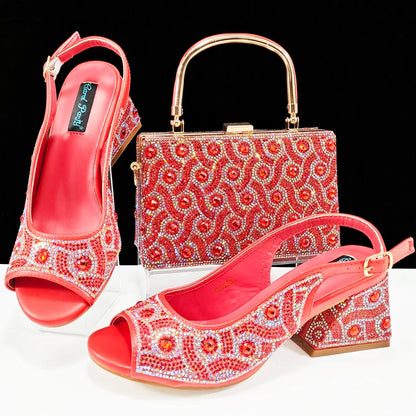 QSGFC 2024 Rhinestone Design INS Hot Sale New Arrivals African Shoes and Bag Set in Green Color Open Toe Comfortable Women Heels