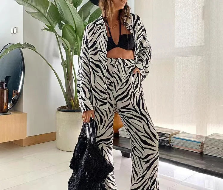 Spring Autumn Fashion Sets Women Long Sleeve Lapel Printed Casual Elegant Beach Loose Wide Legs Trousers Ladies Two Piece Suits