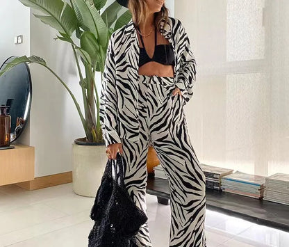 Spring Autumn Fashion Sets Women Long Sleeve Lapel Printed Casual Elegant Beach Loose Wide Legs Trousers Ladies Two Piece Suits