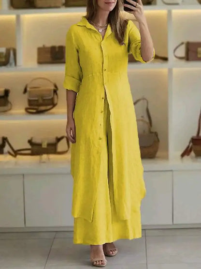 Spring Autumn Solid Color Long Pants Sets For Women Casual Shirt Dress Loose Wide Legs Trousers Two Piece Set Female