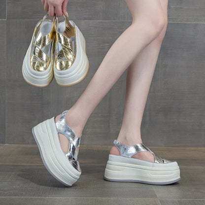 Fujin 8cm PU Patent Synthetic Microfiber Leather Chunky Sneakers Slippers Platform Wedge Sandals Slipper Flats Women Shoes