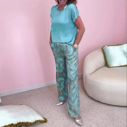 Casual O Neck Short Sleeved T Shirt Shirt Printed Trousers 2 Piece Spring Summer Elegant Women's Fashion Pocket Pants Office Set