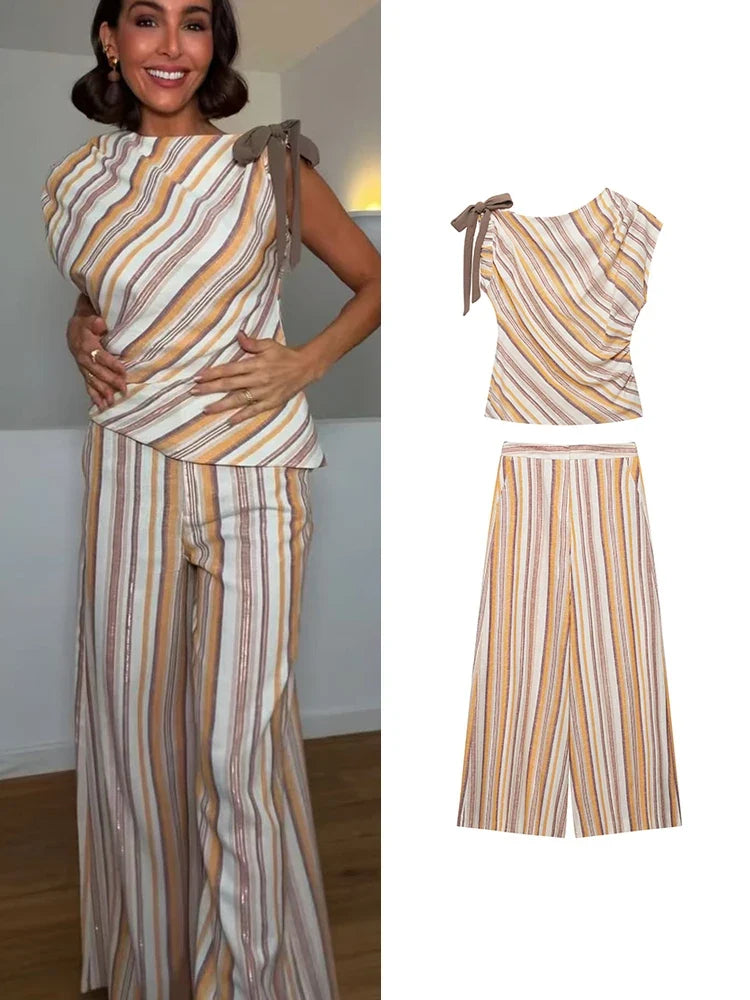 TFMLN Women's Stripe Printed Sets Chic Bow Decoration Sleeveless Irregular Top Wide Leg Pants Female Holiday Sets 2026 Summer