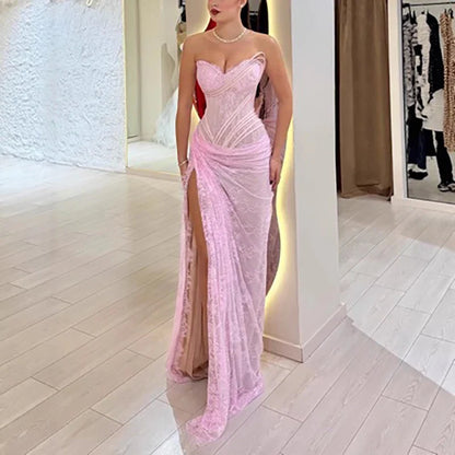 Women Fashion High Waist Split Slim Evening Dress Sexy Lace Embroidery Luxury Gowns Sexy Strapless Sleeveless Irregular Dresses