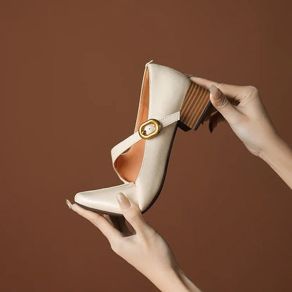 2026 New Spring Women Pumps Square Toe Chunky Heel Genuine Leather Women Shoes Shallow Metal Buckle Strap Mary Janes Ladies