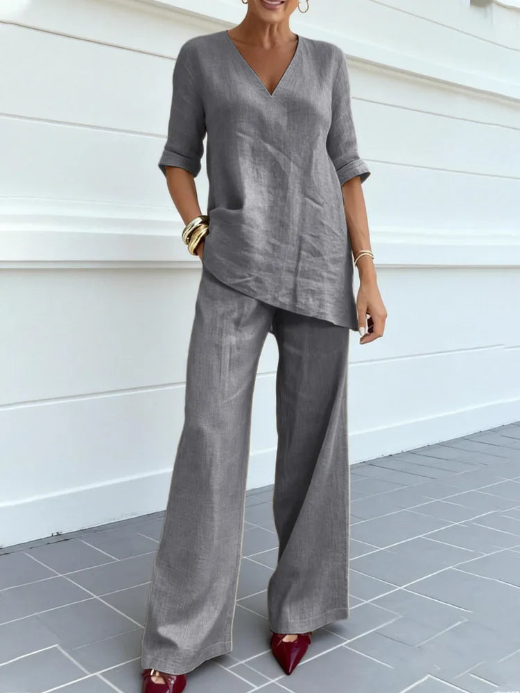 Women's Two-piece Set 2026 Mid-sleeve V-neck Top Straight Pants Spring Summer Women's New Casual Cotton Linen Solid Color Suit
