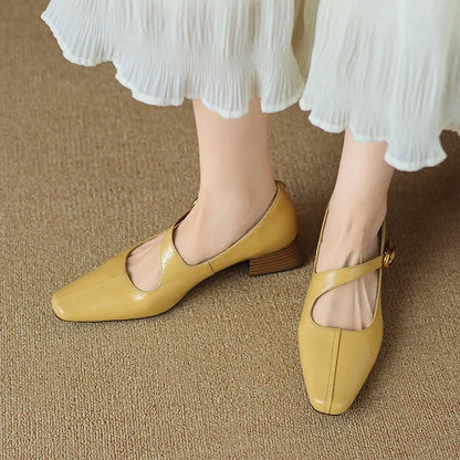 2026 New Spring Women Pumps Square Toe Chunky Heel Genuine Leather Women Shoes Shallow Metal Buckle Strap Mary Janes Ladies