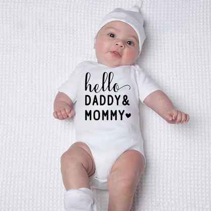Hello Daddy Mommy Newborn Baby Bodysuit Pure Cotton Short Sleeve Summer Jumpsuit Cute Baby Onesie