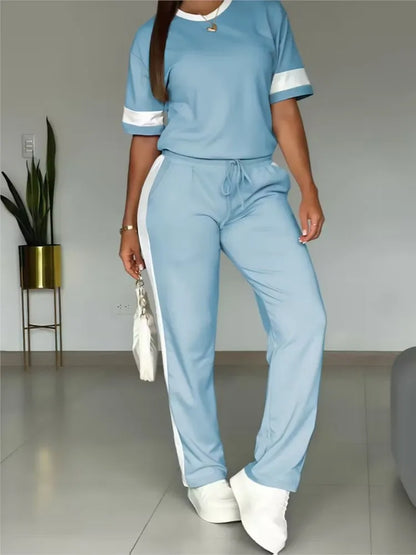 Spring Summer New Casual Sports T-shirt Short-sleeved Suit Women Fashion Splicing Side Stripes Simple Trousers 2 Piece Set 2026