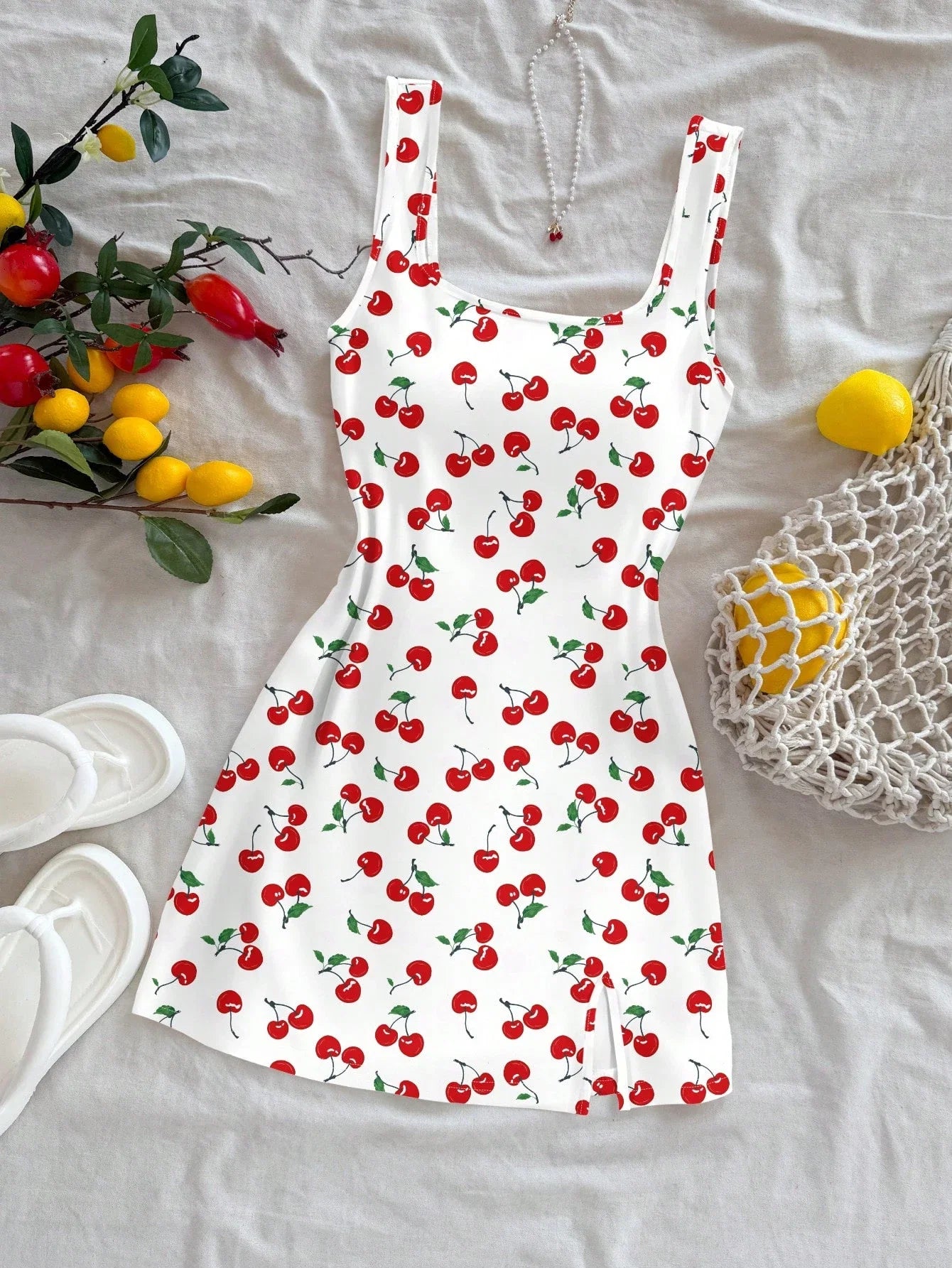 Women's Sexy Vacation Style U-Neck Cherry Print Open Back Side Slit Mini Dress for Spring/Summer