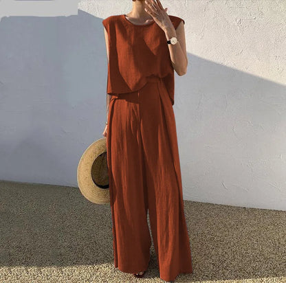 Lady Casual Loose 2 Piece Sets Fashion O-Neck Sleeveless Pullover Tops+wide Leg Pants Two Piece Sets For Women Summer Office New