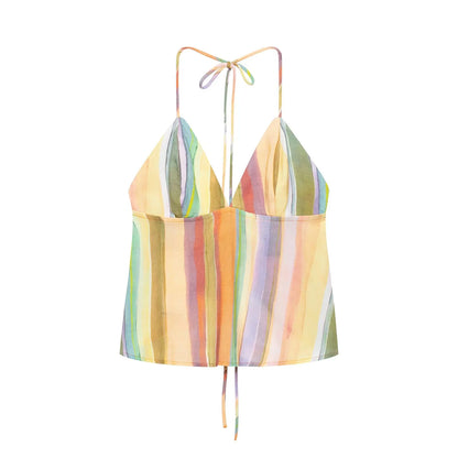 CHARMCHANT Women's Colorful Stripe Two Piece Outfit Halter Backless Tie Top Wide Leg Trousers Holiday Matching Suit Summer 2026
