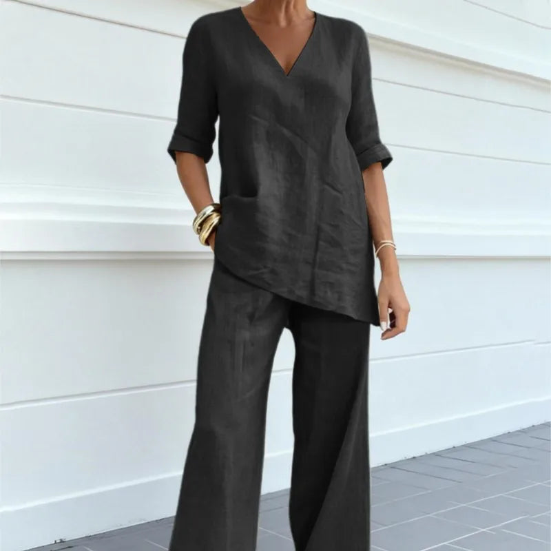 Women's Two-piece Set 2026 Mid-sleeve V-neck Top Straight Pants Spring Summer Women's New Casual Cotton Linen Solid Color Suit
