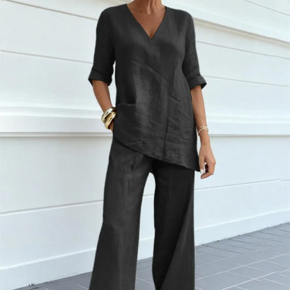 Women's Two-piece Set 2026 Mid-sleeve V-neck Top Straight Pants Spring Summer Women's New Casual Cotton Linen Solid Color Suit