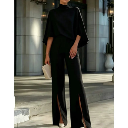 Autumn Women's Half Turtleneck Shawl Top Fashion Slit Wide Leg Trousers 2piece Suit Elegant Slim Fit Female Office Trousers Suit