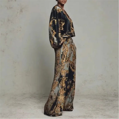 Vintage Printed Two-piece Set Women's Fashion V-neck Loose Long Sleeved Top+Wide Leg Pants Suit Streetwear Muslim Women Clothing