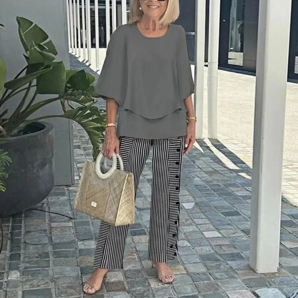Summer Fashion New 2 piece Sets Women o-neck Sleeve print Pants Suits Casual Loose Irregular Top Wide Leg Pant two piece Set