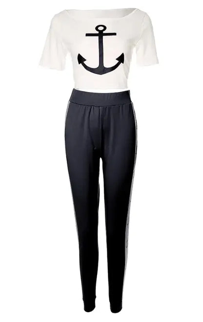 CPSYMYM Two Piece Set Women Outfit Summer  Anchor Print Short Sleeve Round Neck Top & Casual High Waist Daily Long Pants