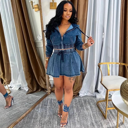 Autumn Women's Clothing Matching Sets Long Sleeve Denim Jacket Short Skirt Polyester Washed Jean 3D Effect Regular Sleeve