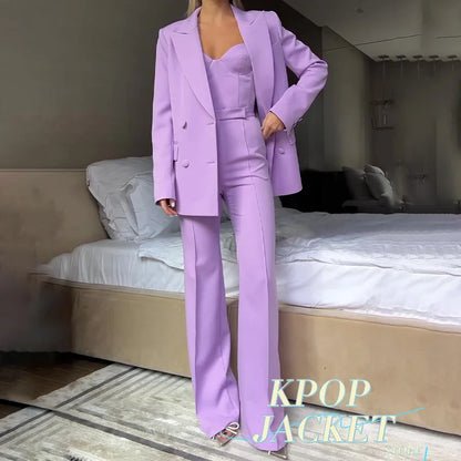 Solid Suit Jacket Corset Pants 3 Piece Set Women Corset Lapel Coat Straight Pants Lady Set 2026 Summer Autumn Commute Outfit New