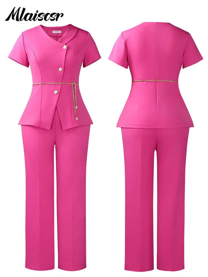 Mlaiscsr Short Sleeve V-Neck Jacket Coat and Straight-leg Pants 2 Pieces Set for Woman Elegant Office Blazer Suits Female Outfit