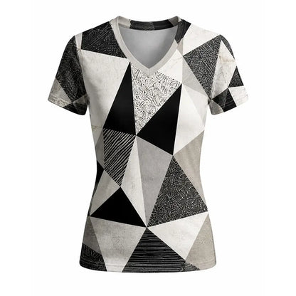 Women's Geometric Abstract Print V-Neck T Shirt Daily Casual Commuting Short Sleeve Tops Summer Street Vintage Slim Fit Tees