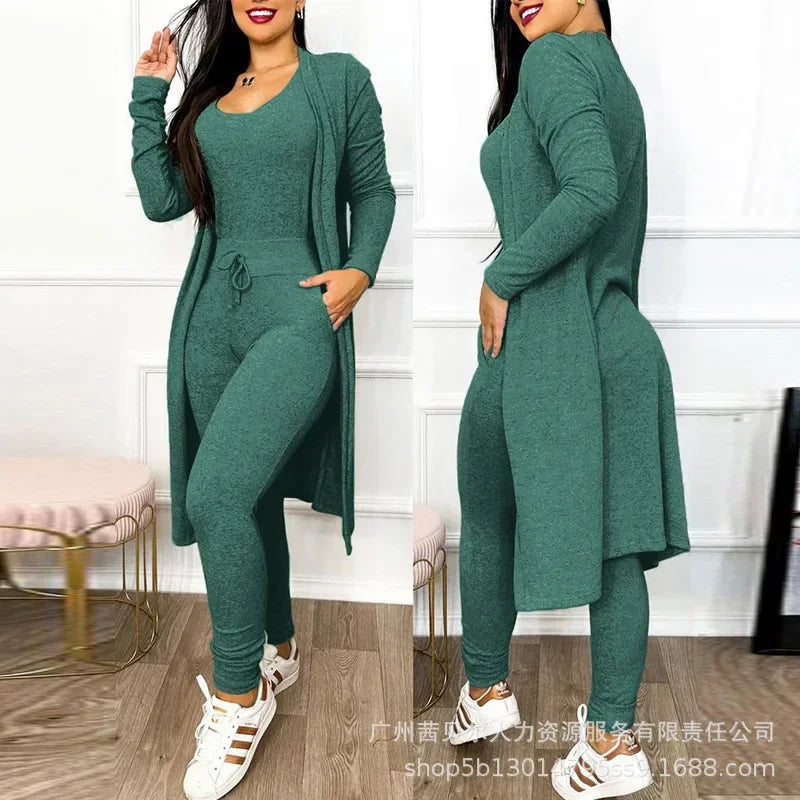 2026 Jumpsuit & Coat Set Autumn Women Drawstring Pocket Pants Sets One Piece Y2k Long Jumpsuit High Waist Coats Two Piece Sets