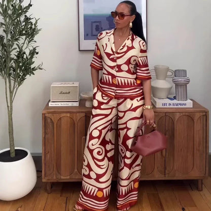 New Fashion Printed Women Two Piece Set Outfits Short Sleeve Turn Down Collar Shirt And Wide Leg Pants Set