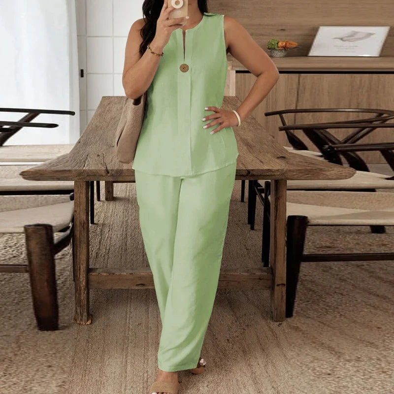 Summer O Neck Button Vest Shirt Wide Leg Pants Suit Women Casual Two Piece Set Solid Color Comfortable Holiday Outfits White
