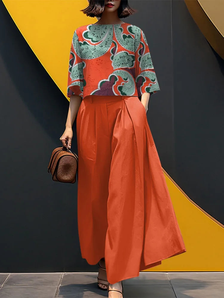 2025 ZANZEA Summer Trousers Suit Women 2PCS Outfit Stylish Work Matching Sets 3/4 Sleeve Printed Blouse Loose Wide Leg Pant Sets