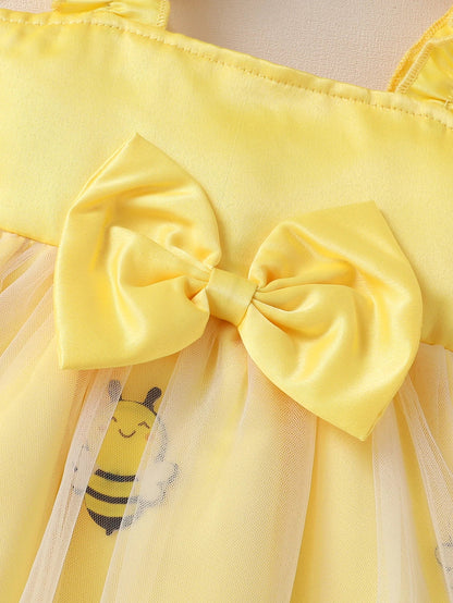 Sweet Baby Girls Summer Yellow Bee Print Mesh Tutu Dress with Bow Accents
