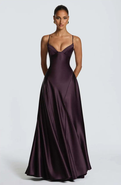 Solid Color Satin Bustier Women Maxi Dress Fashion Yellow Spaghetti Strap V Neck Waist-cinching Dresses 2026 New Party Vestidos