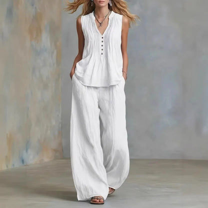 Women's Pullover Blouse And Pants Two-piece Set Women's V-Neck Vest Top Summer Suit Elastic Waist Trousers Lady Sets Outfit 2026