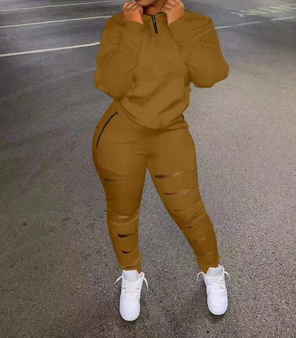 Two Piece Set Women Outfit Zip Detail Turn-Down Collar Long Sleeve Top & Ladder Cutout Pocket Pants Set 2023 Spring New Fashion