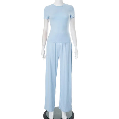 Casual Long Pants Suits Women O-neck Short Sleeve T-shirt Elastic Waist Trousers Set Spring Summer Solid Lady Household Clothes