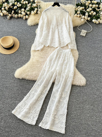 SINGREINY Senior Embroidery Leaves Sets Long Sleeves Single Breasted Top+Wide Legs Casual Pants 2025 Korean Women Solid Suits