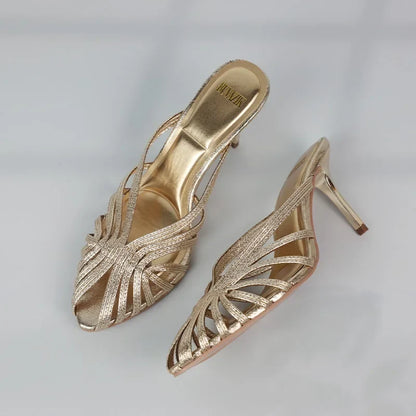 Women Shoes 2025 New Gold Hollow High Heels Luxury Pointed Toe Heeled Pumps for Women Office Mules Summer Stiletto Shoes Sandals