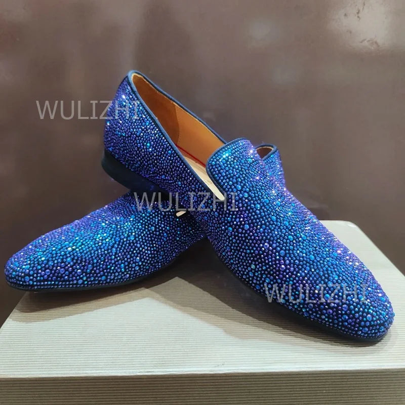 Gold Full Crystal Shiny Men's Loafers Wine Red Black Gradient Oxfords Flat Shoes Party Luxury Clogs Round Toe Casual Print Shoes