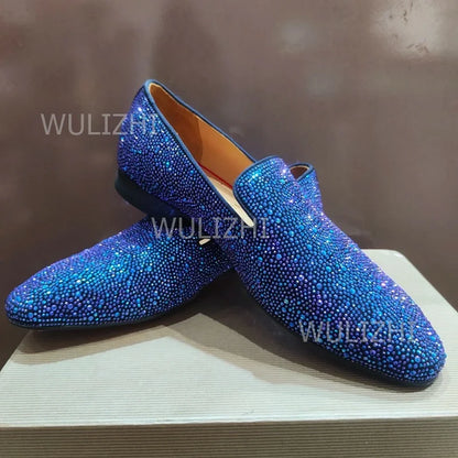 Gold Full Crystal Shiny Men's Loafers Wine Red Black Gradient Oxfords Flat Shoes Party Luxury Clogs Round Toe Casual Print Shoes