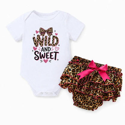Baby Girl 2Pcs Outfit Wild And Sweet Leopard Print Short Sleeve Bodysuit Ruffle Leopard Skirt Shorts Set Newborn Summer Clothes