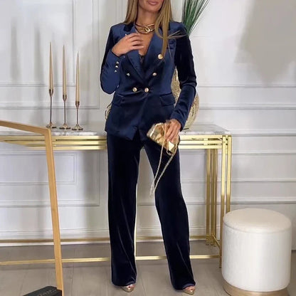 Fashion Slim Two Piece Sets For Women Elegant Double Breasted Splicing Velvet Long Sleeved Top And High Waist Straight Pant