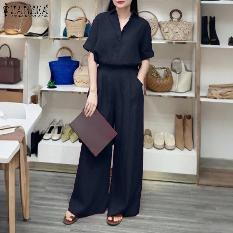 Summer Women's Casual Pant Suits Wide Leg Pant & Half Sleeve Shirt 2 Piece Sets ZANZEA Solid Color Commuting Day Wear Pant Sets