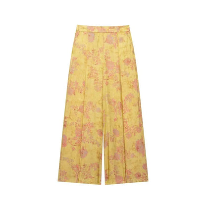 Women's Printed Pants Set Summer O-neck Long Sleeve Rope Knot Top High-waist Wide leg Pants Casual Fashion Female 2 Piece Sets