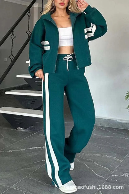 Striped Zipper Coat+sweatpants Two Piece Set Women Casual Batwing Sleeve Sports Jacket Outfits Autumn Winter Sweatshirt Suit Y2K