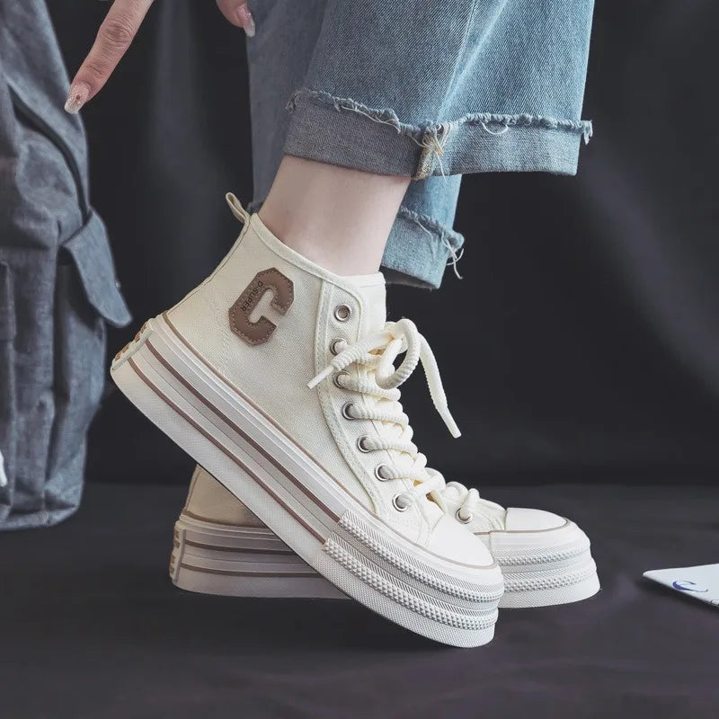 2026 Summer Women's Sneakers New Canvas Lace-Up Women's Sports Shoes Breathable Platform Sneakers Shoes White Casual Women Shoes