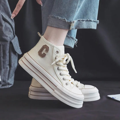 2026 Summer Women's Sneakers New Canvas Lace-Up Women's Sports Shoes Breathable Platform Sneakers Shoes White Casual Women Shoes