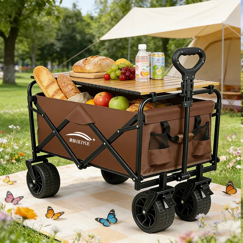 Heavy Duty Foldable Camping Wagon with Wooden Table Board All-Terrain Wheels Collapsible Utility Cart Large Capacity Portable